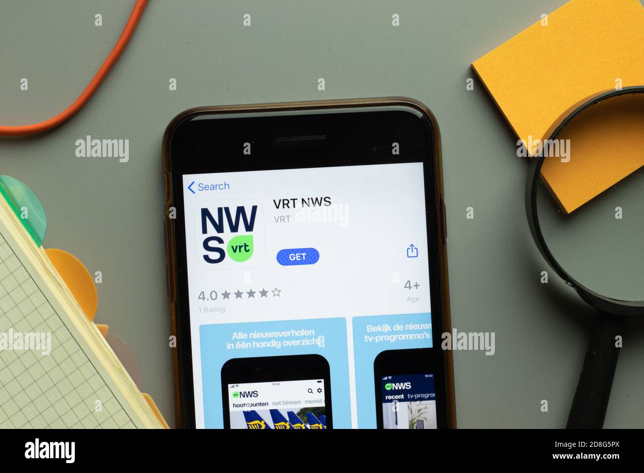 New York, USA - 26 October 2020: VRT NWS mobile app logo on phone screen close up, Illustrative Editorial Stock Photo