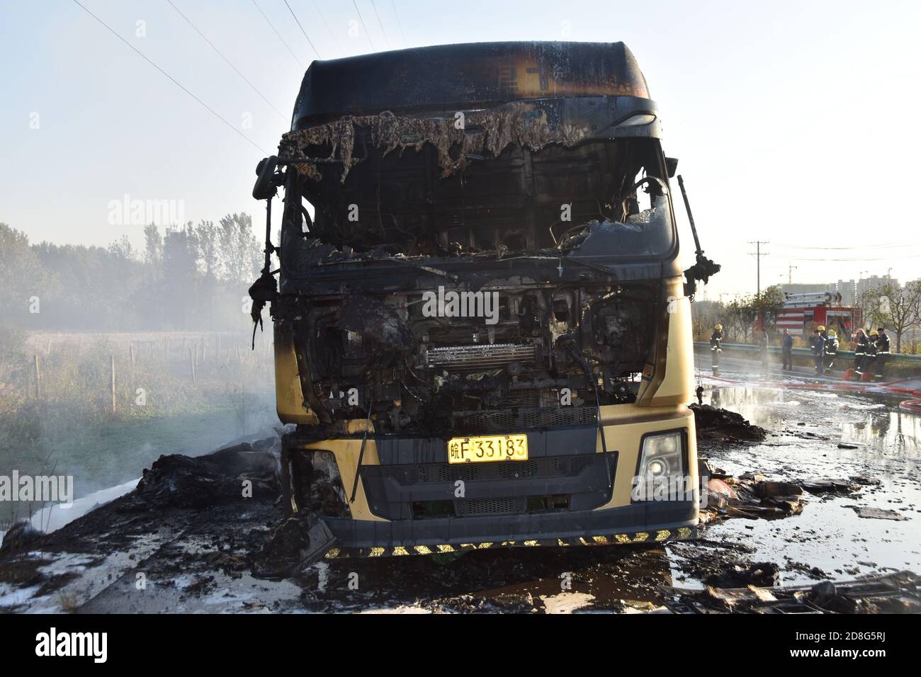 Suzhou, Suzhou, China. 30th Oct, 2020. AnhuiÃ¯Â¼Å'CHINA-Smoke billows and flames billow as a large truck loaded with cardboard boxes bursts into flames in Suzhou, Anhui province, on October 23, 2020. Smoke billowed into the sky after a semi-trailer loaded with old cardboard boxes burst into flames on the road of The Outer ring Road of Longcheng Town in Xiaoxian County, Anhui Province, at 15:30 p.m. After the local fire alarm, quickly rushed to the scene to carry out the fight. Credit: SIPA Asia/ZUMA Wire/Alamy Live News Stock Photo