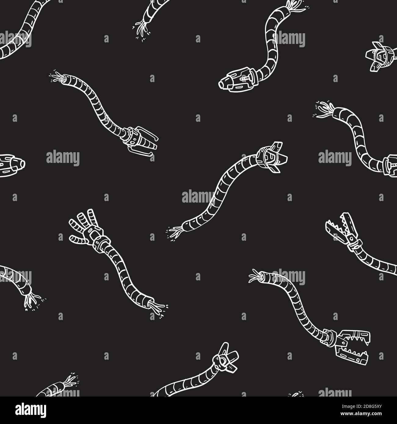 Robot hands doodle seamless pattern. Black and white background. Vector illustration for surface design, print, poster, icon, web, graphic designs. Stock Vector