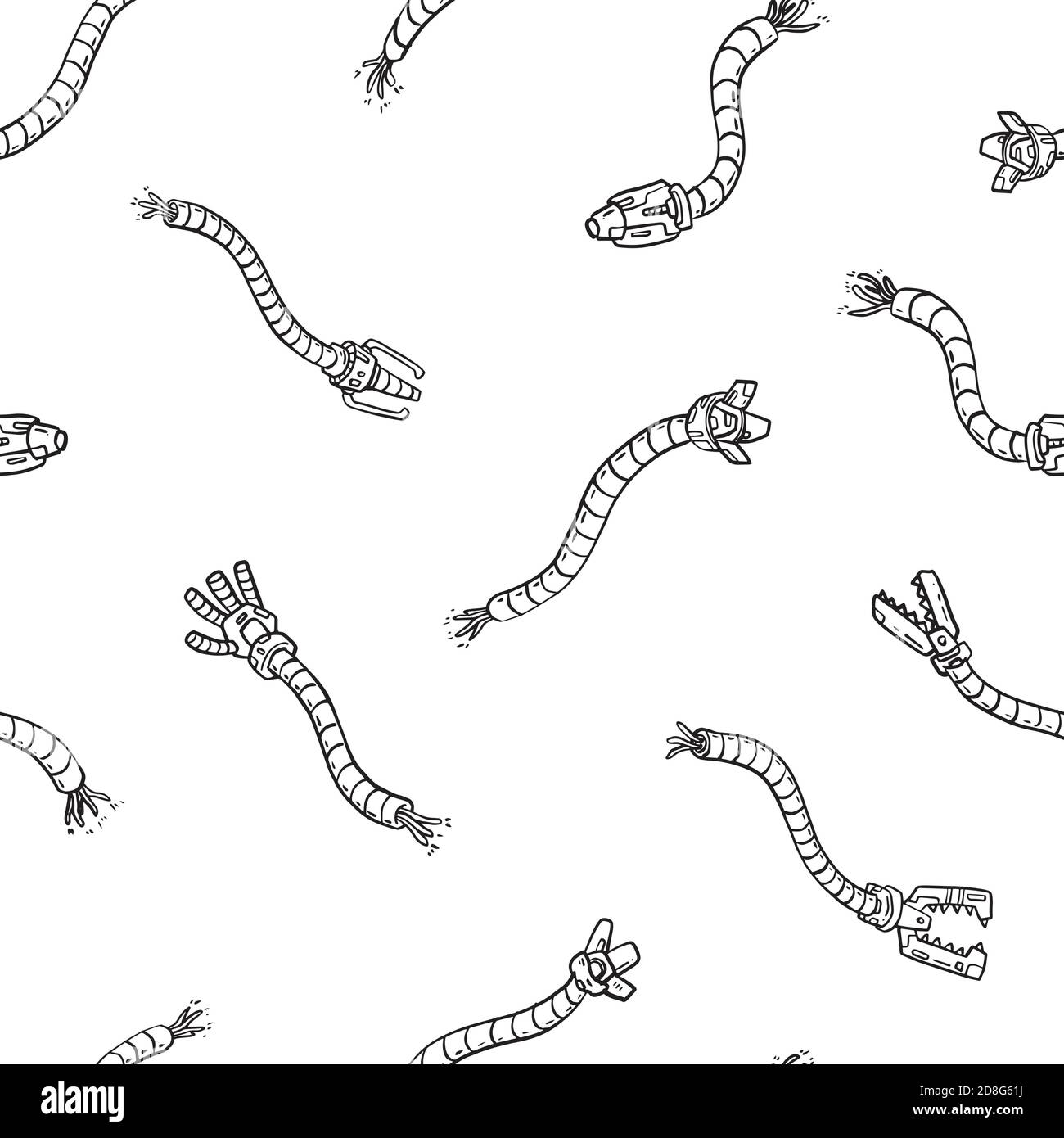 Robot hands doodle seamless pattern. Black and white background. Vector illustration for surface design, print, poster, icon, web, graphic designs. Stock Vector