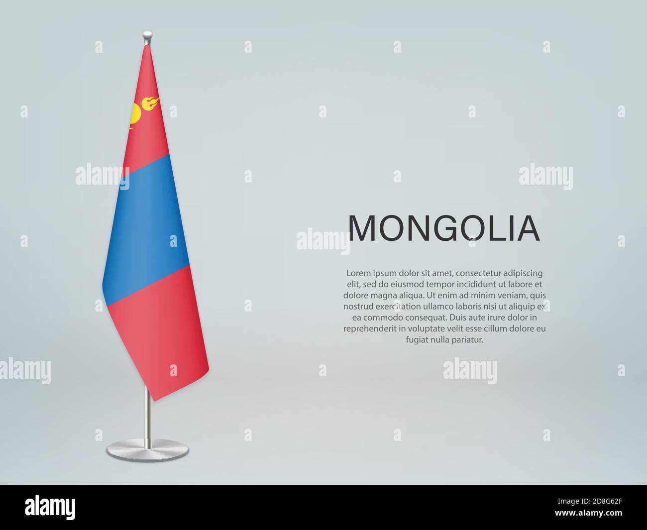 Mongolia hanging flag on stand. Template forconference banner Stock Vector