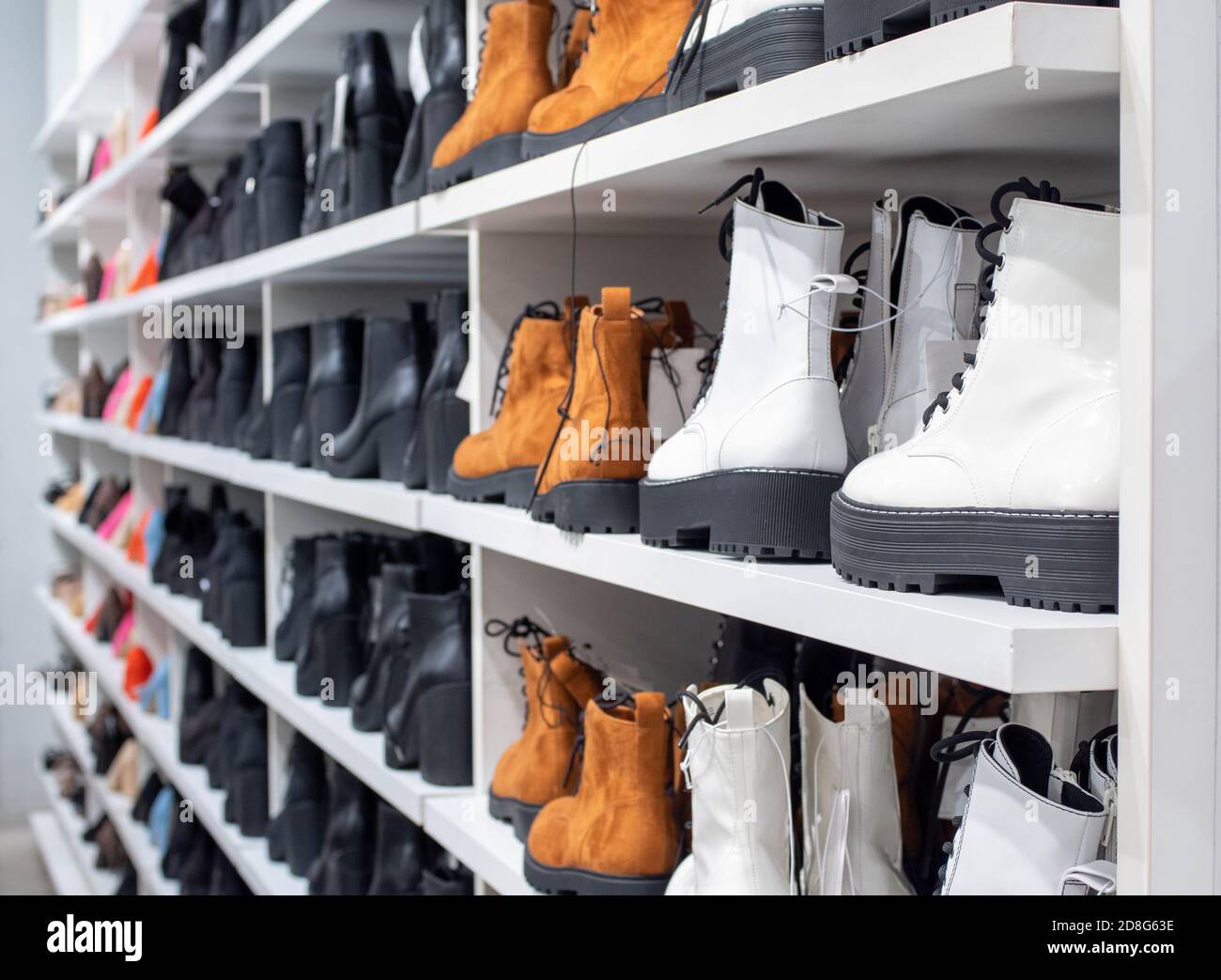 A close-up image of some womens leather shoes in a store. Business concept Stock Photo