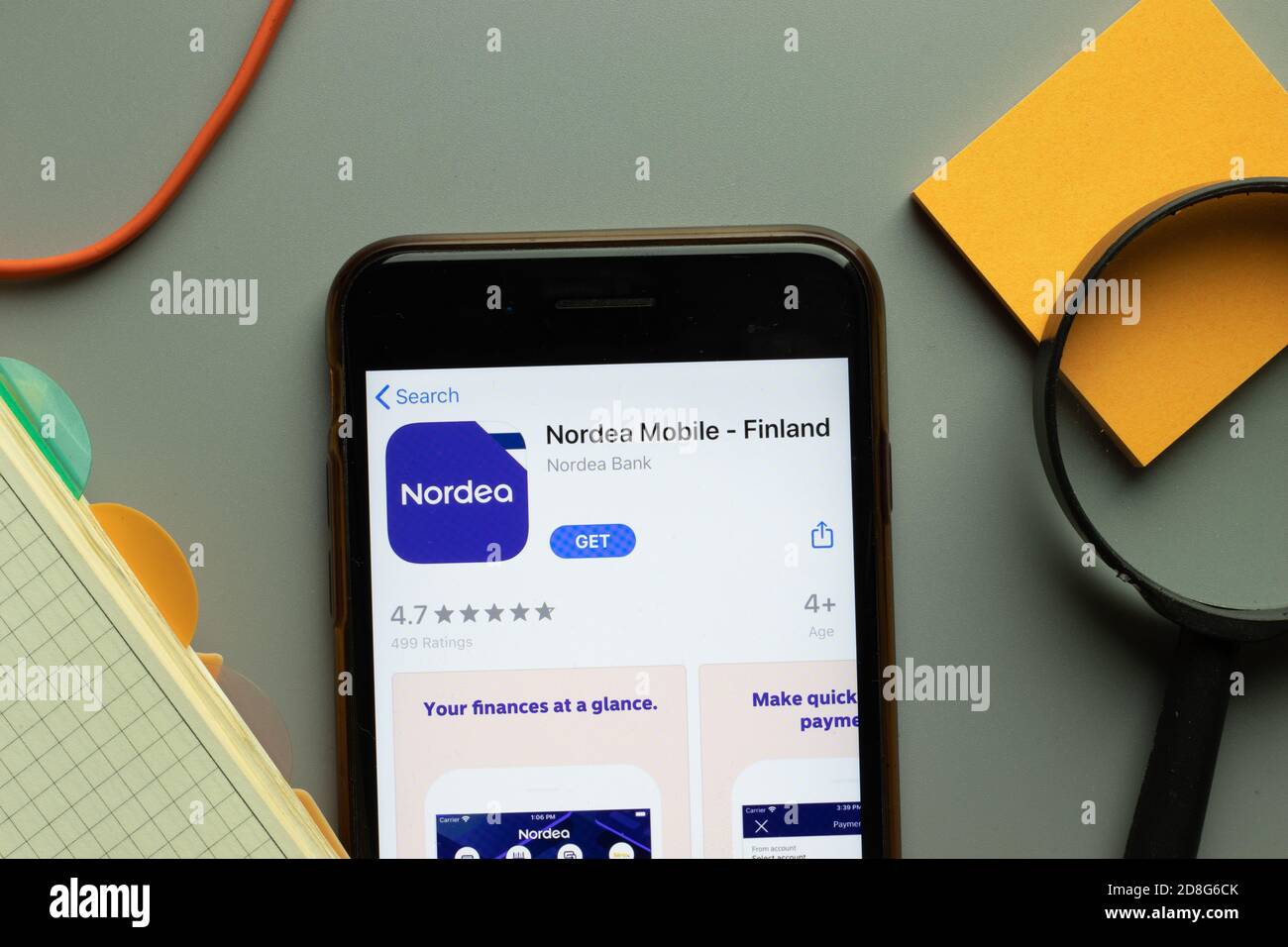 New York, USA - 26 October 2020: Nordea Finland mobile app logo on phone screen close up, Illustrative Editorial Stock Photo