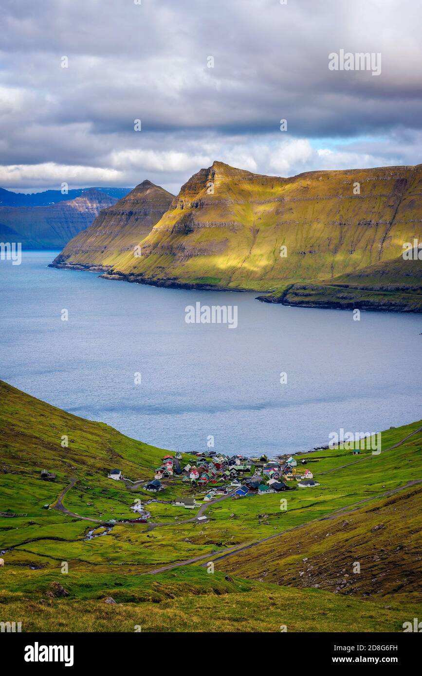 Panorama of mountains around village of Funningur on Faroe Islands Stock Photo