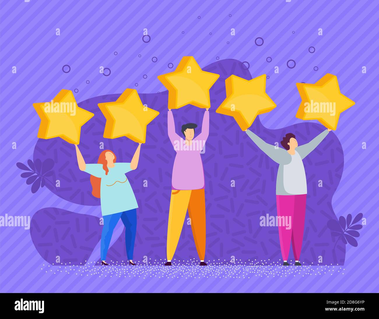 People raised large stars above their heads. Customer feedback. Stock Vector