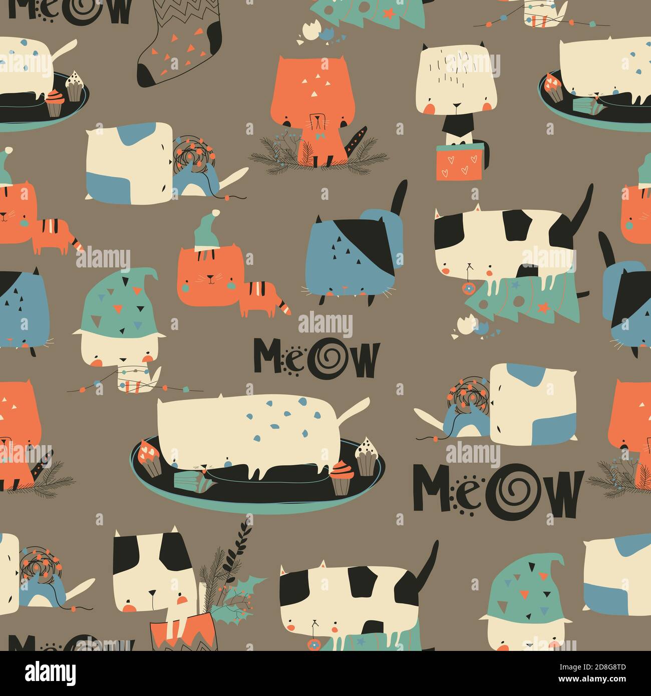 Seamless pattern with cute crazy cats and Christmas elements Stock Vector