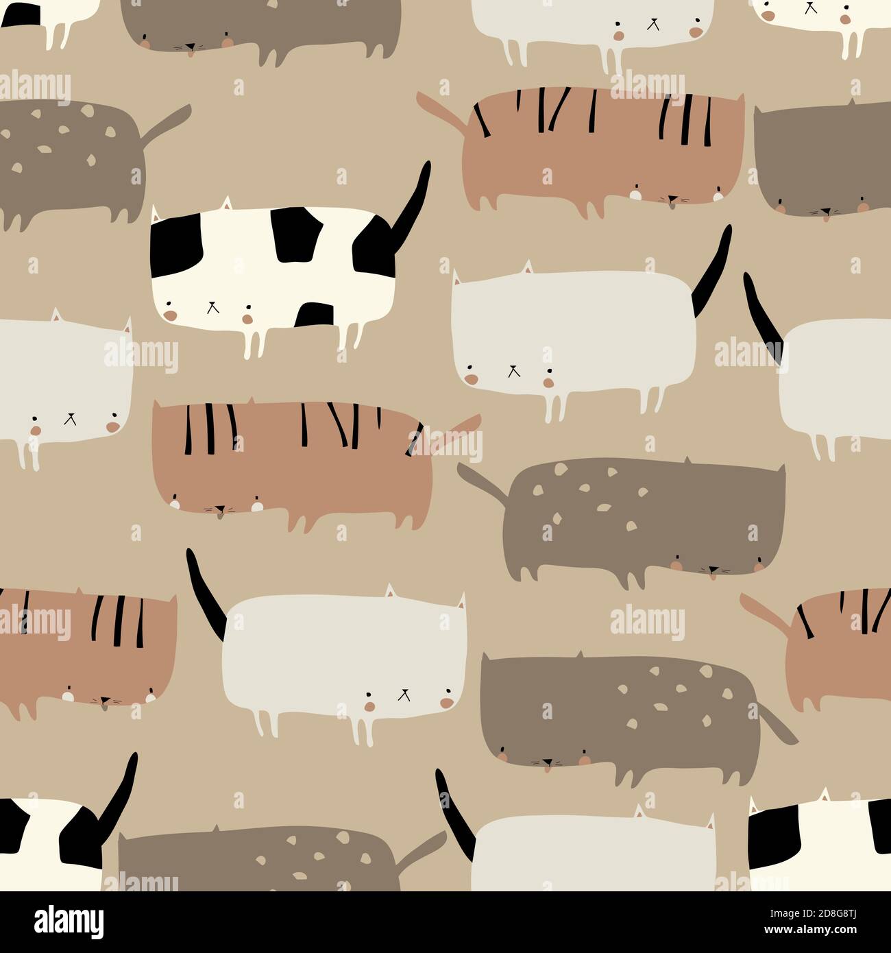 Seamless pattern with cute funny cats on beige background Stock Vector