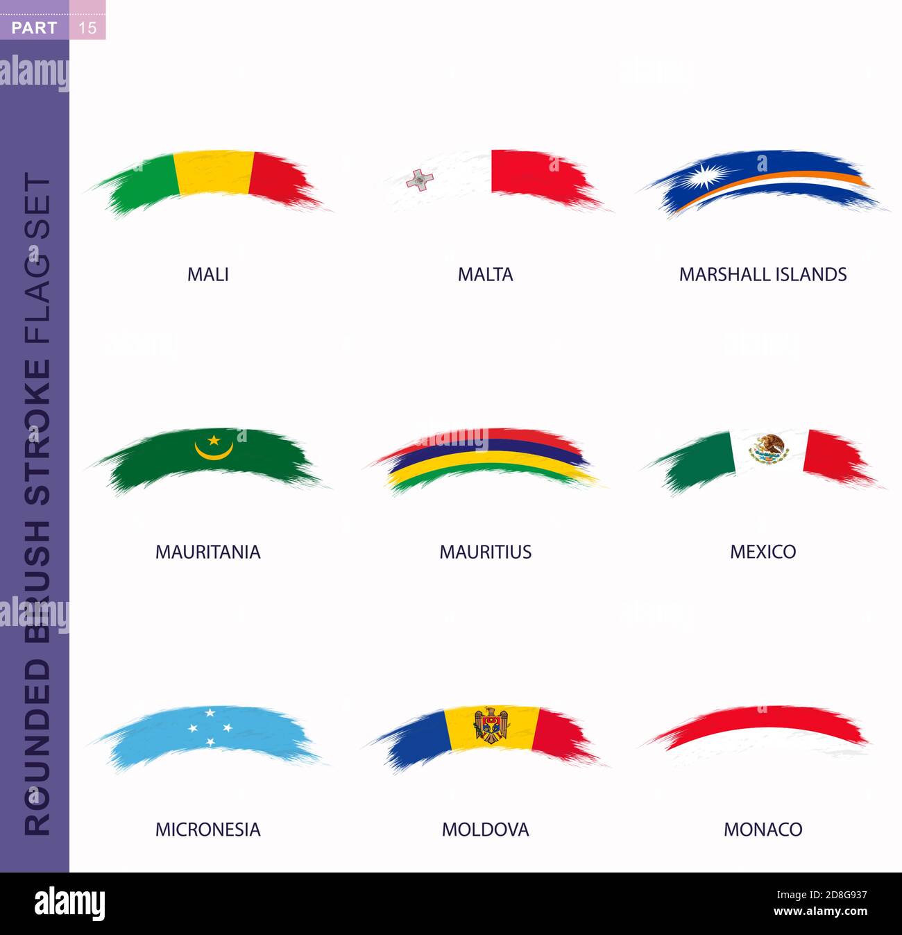 Rounded grunge brush stroke flag set, flags of Mali, Malta, Marshall Islands, Mauritania, Mauritius, Mexico, Micronesia, Moldova, Monaco Stock Vector