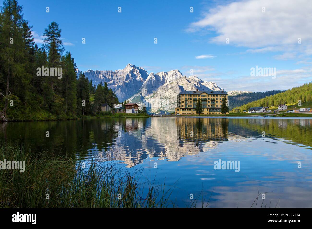 View of Misurina's lake in a clear summer's morning Stock Photo