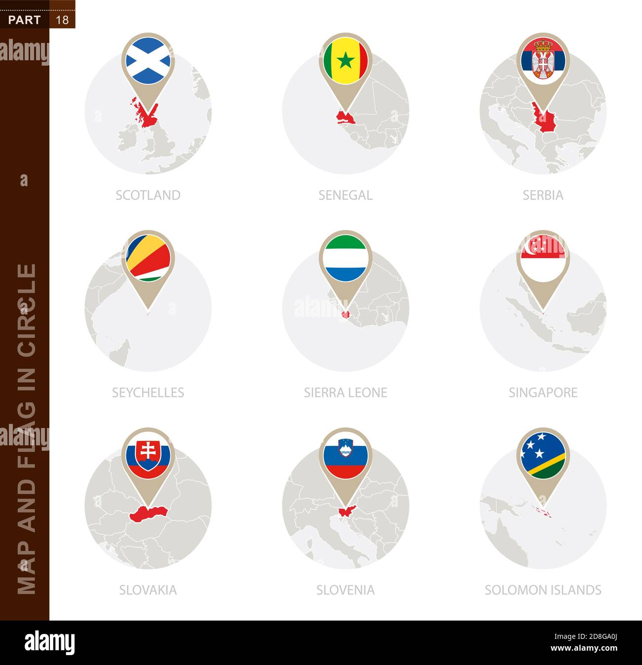 Map and Flag in a circle of 9 Countries: Scotland, Senegal, Serbia, Seychelles, Sierra Leone, Singapore, Slovakia, Slovenia, Solomon Islands Stock Vector