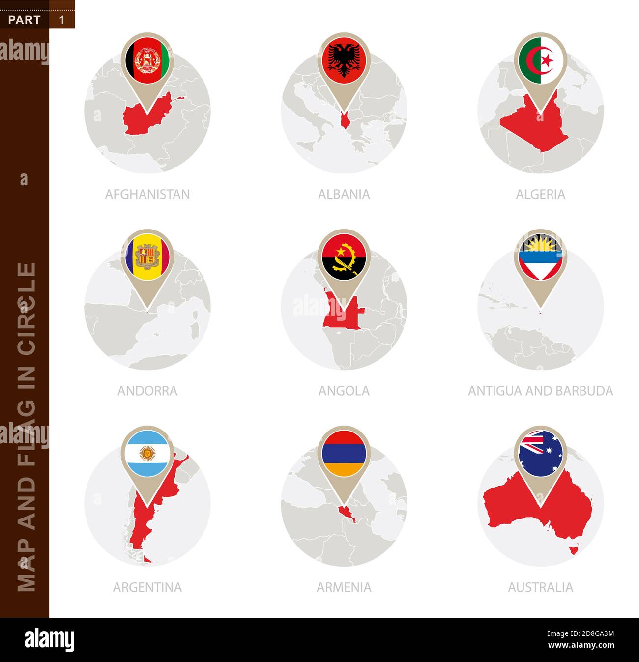 Map and Flag in a circle of 9 Countries: Afghanistan, Albania, Algeria, Andorra, Angola, Antigua and Barbuda, Argentina, Armenia, Australia Stock Vector