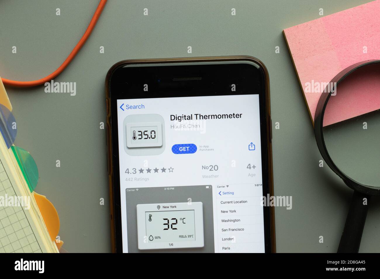New York, USA - 26 October 2020: Digital Thermometer mobile app logo on phone screen close up, Illustrative Editorial Stock Photo