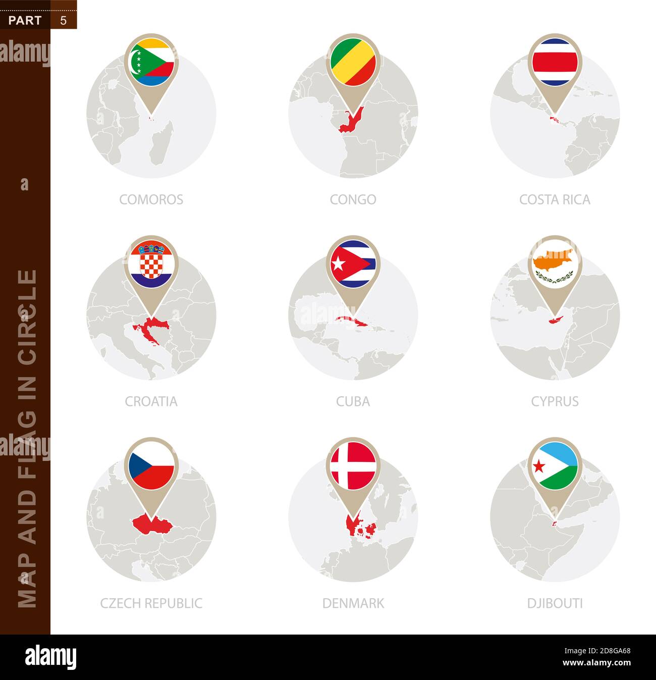 Map and Flag in a circle of 9 Countries: Comoros, Congo, Costa Rica, Croatia, Cuba, Cyprus, Czech Republic, Denmark, Djibouti Stock Vector
