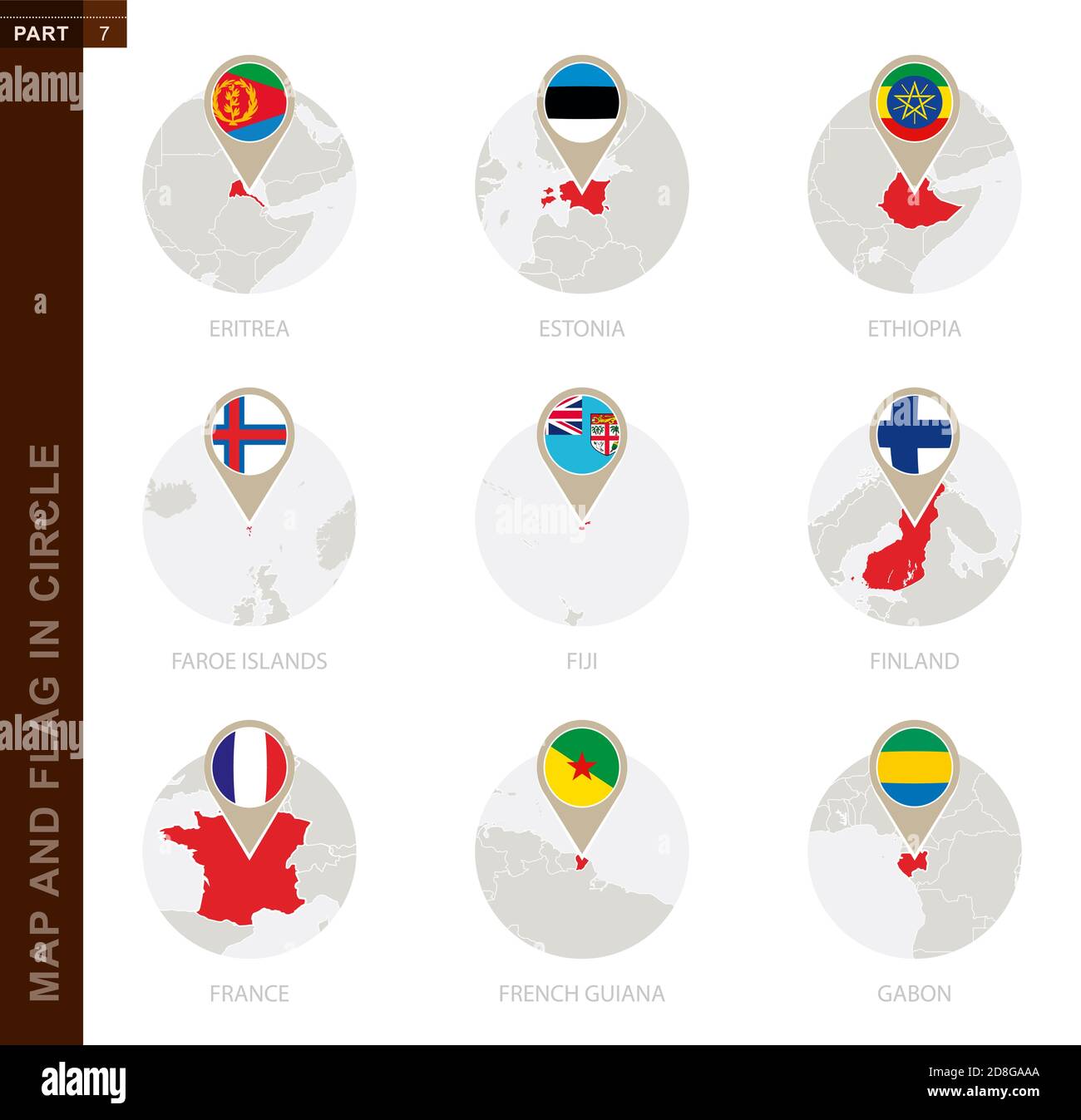 Map and Flag in a circle of 9 Countries: Eritrea, Estonia, Ethiopia ...