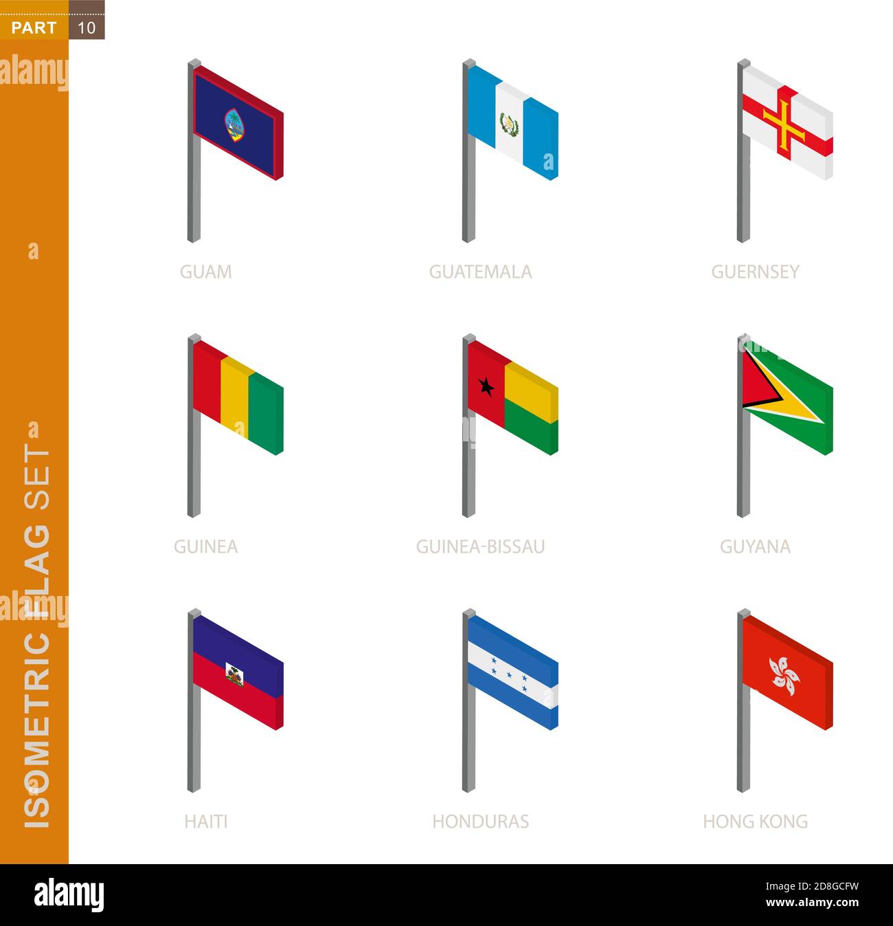 Isometric flag set, Flagpole in Isometric dimension. Collection of nine 3D vector flag. Stock Vector