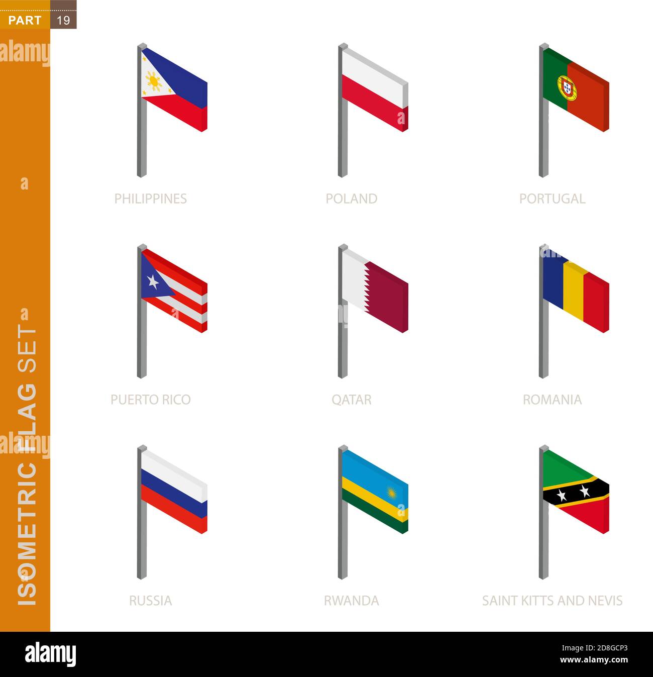 Isometric flag set, Flagpole in Isometric dimension. Collection of nine 3D vector flag. Stock Vector