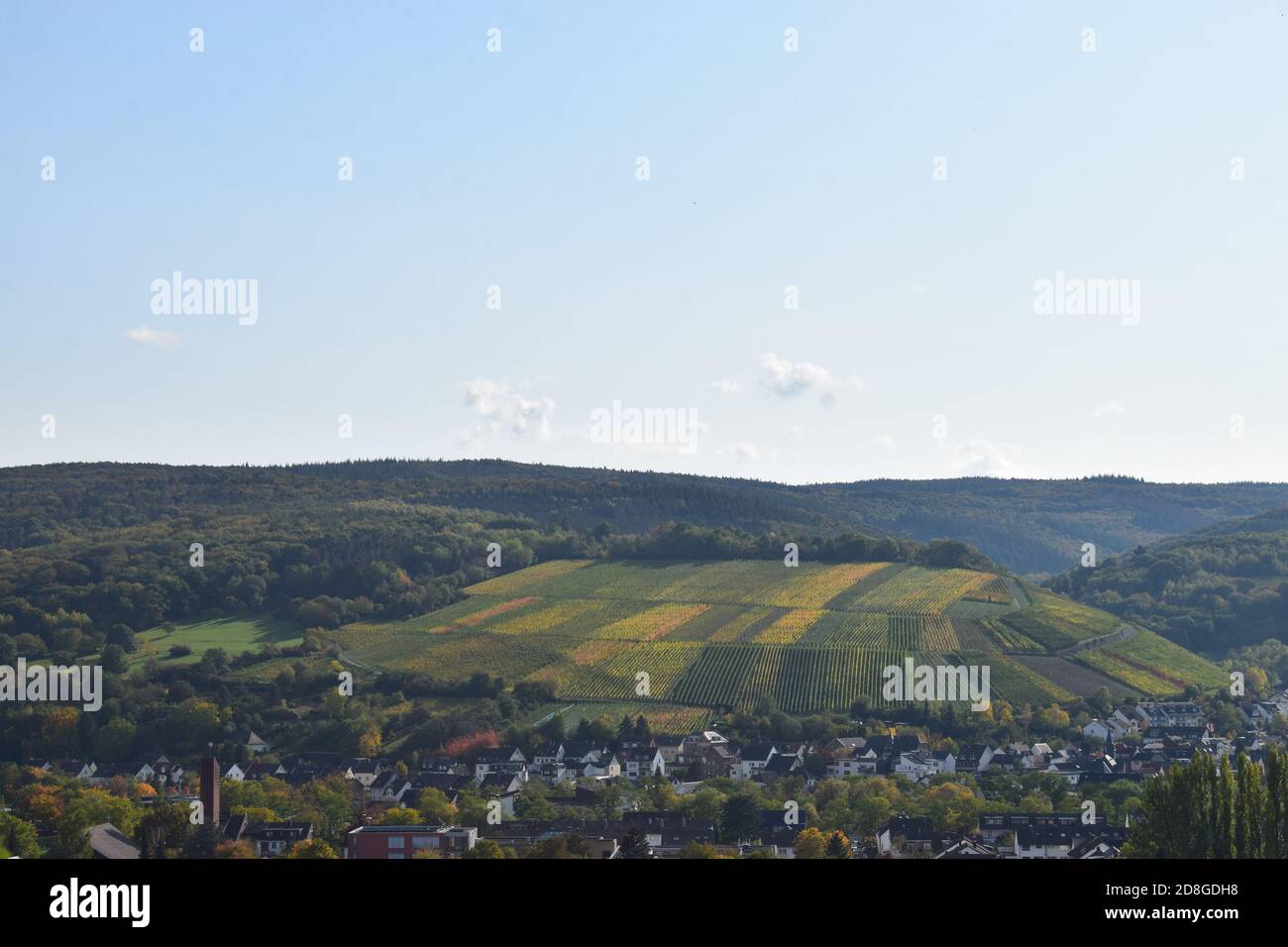 autumn landscape in the lower Ahr valley with colorful vineyards hills around Bad Neuenahr-Ahrweiler Stock Photo