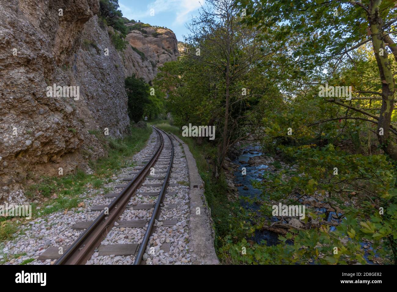 The Diakopto–Kalavryta railway, a historic  rack railway runnning 22 km from Diakopto through the Vouraikos Gorge to the old Mega Spilaion Monastery, Stock Photo