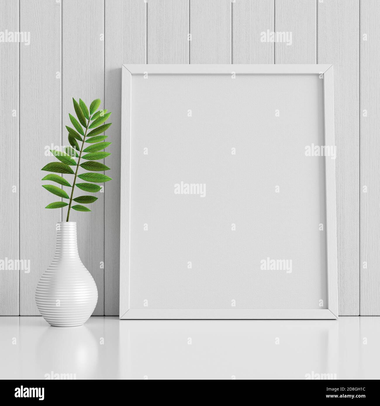 White interior poster mock up with empty frame and plant in vase on ...