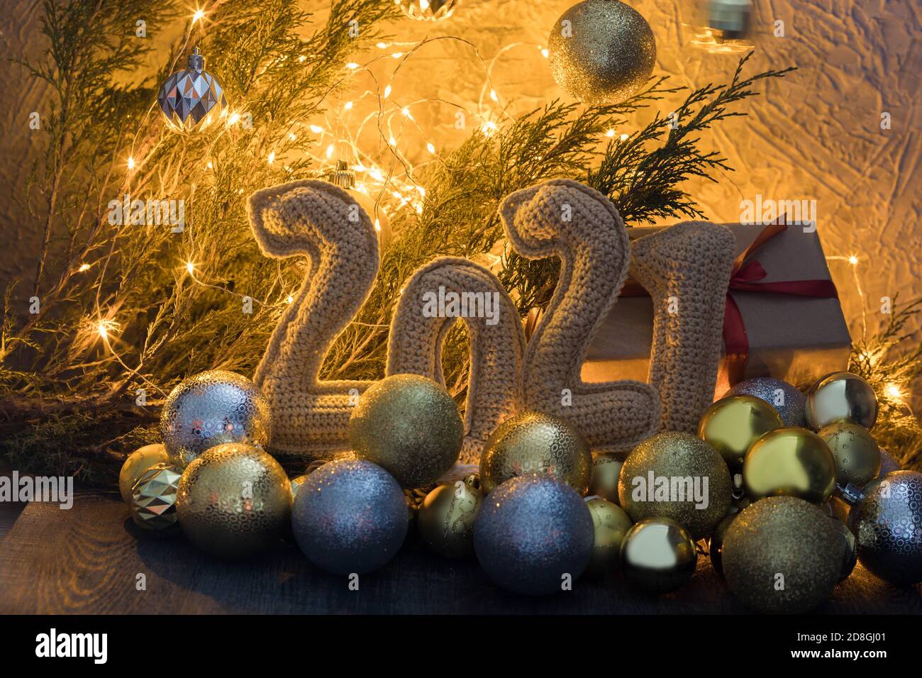 Merry Christmas Holiday Composition With Crochet Numbers 2021 And Garland Decor Stock Photo - Alamy