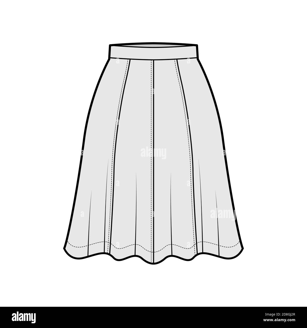 Skirt eight gore technical fashion illustration with below-the-knee ...