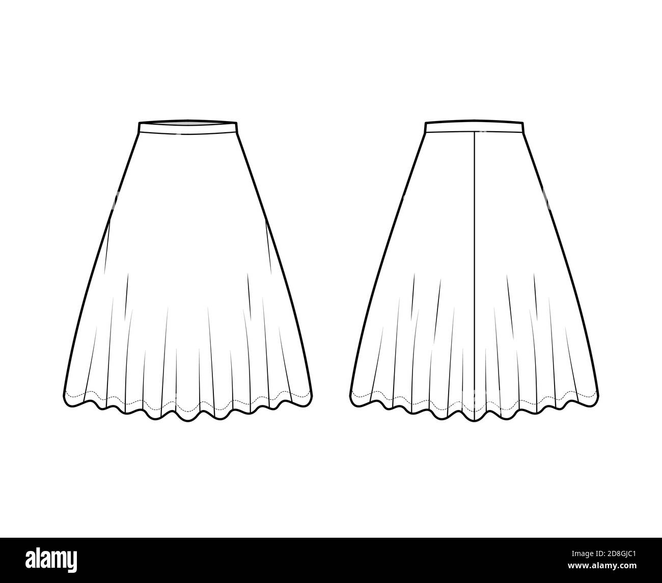 Skirt midi round technical fashion illustration with knee lengths ...
