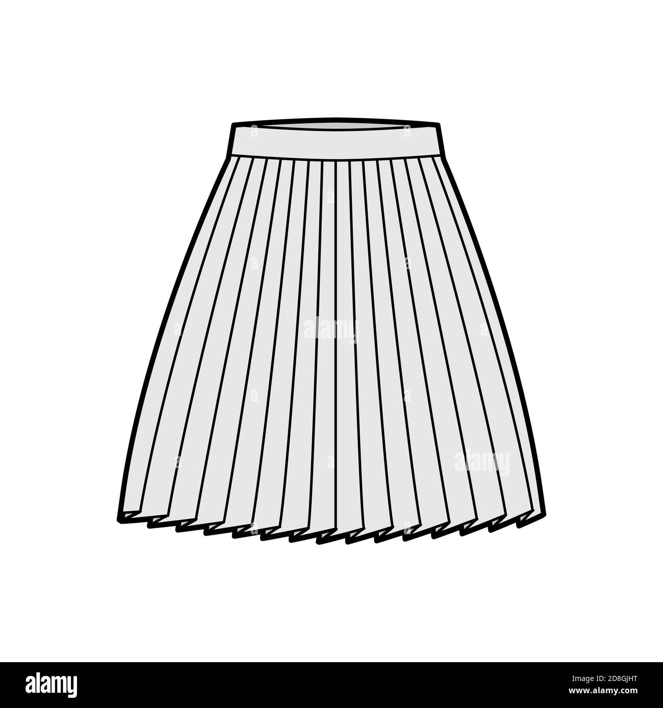 Skirt pleat technical fashion illustration with above-the-knee silhouette, circular fullness, thick waistband. Flat bottom template front, grey color style. Women, men, unisex CAD mockup Stock Vector