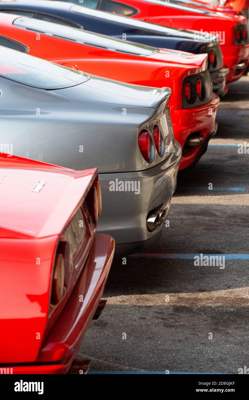 Italy, Lombardy, Meeting of Cars Lines of Ferrari Cars Stock Photo
