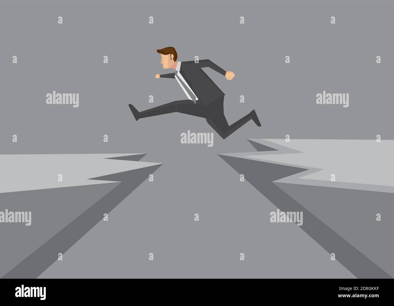 Cartoon man in business suit jumps from one rocky cliff to another. Creative vector illustration for overcoming obstacles and risk taking concept isol Stock Vector