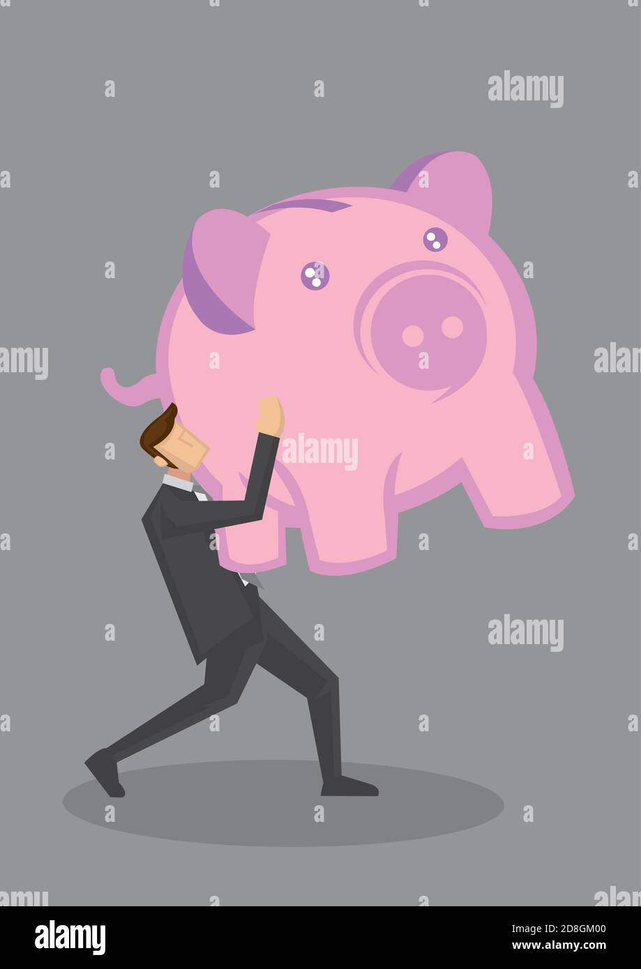 Cartoon businessman walking and carrying a huge pink piggy bank ...