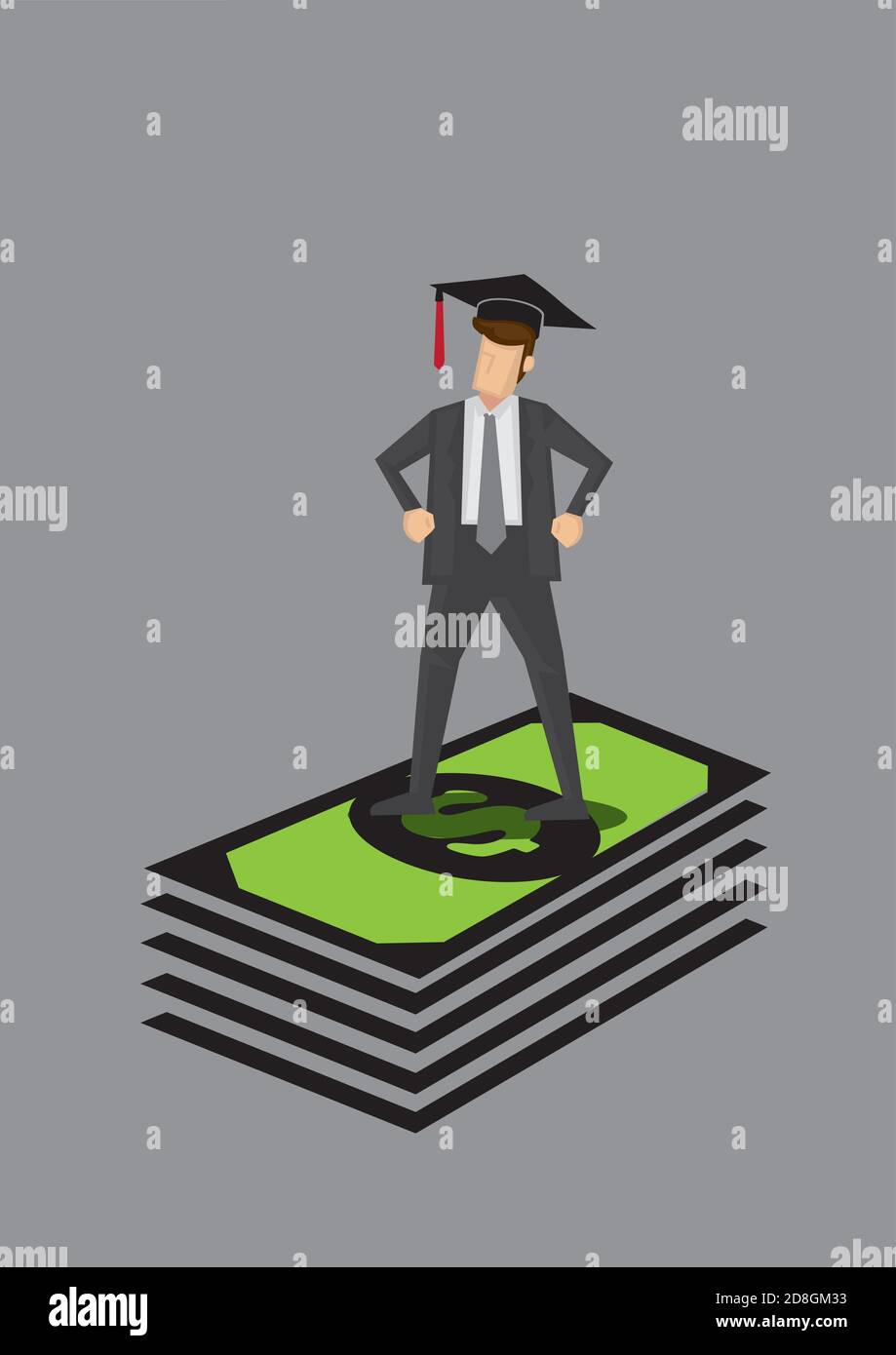 White collar worker wearing mortarboard standing on a stack of green dollar notes. Creative vector cartoon illustration for education and money concep Stock Vector