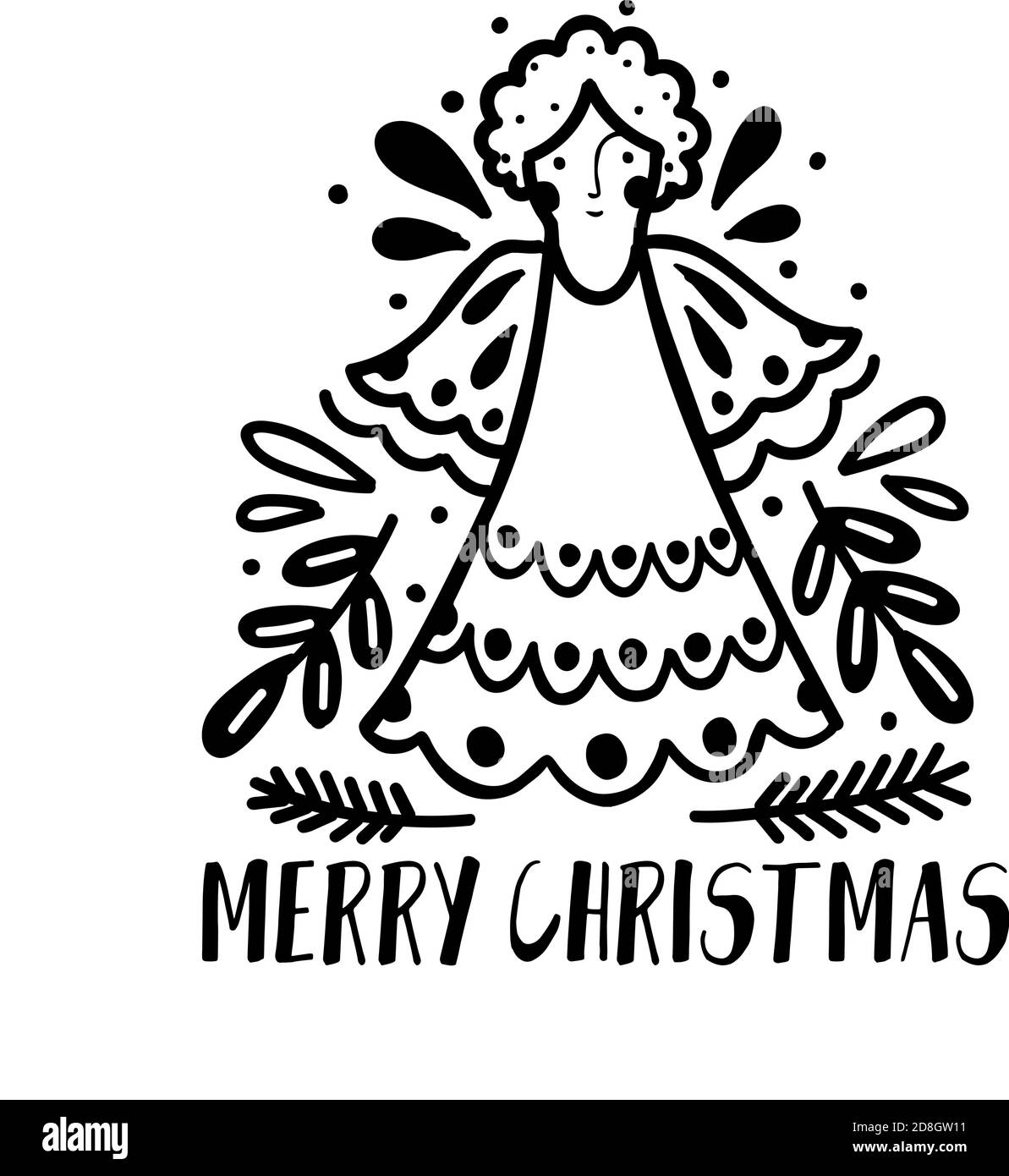 Merry Christmas decoration hand drawn.Doodle style greeting card with christmas angel Stock Vector
