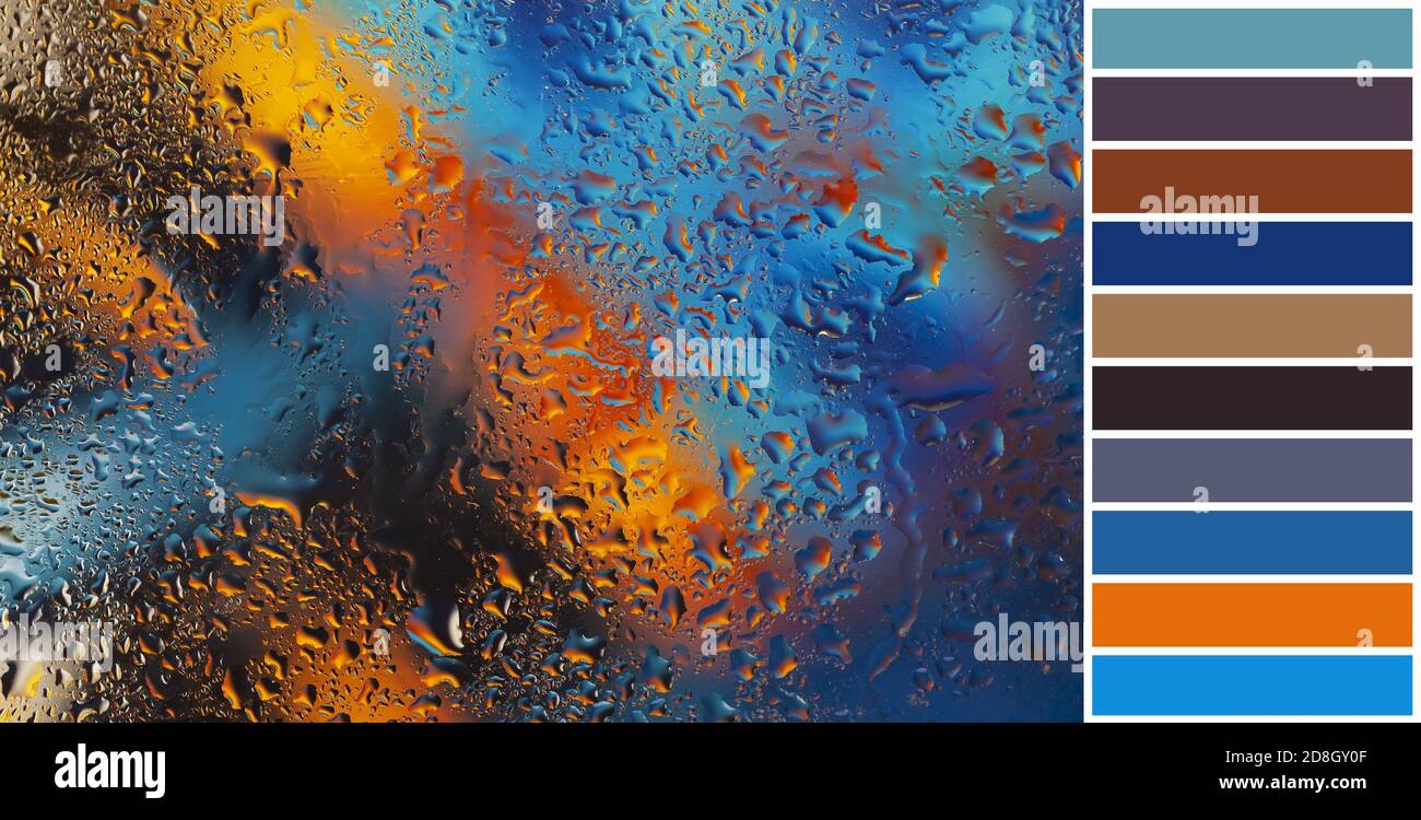 Bright abstract background with raindrops on window and color palette swatches Stock Photo