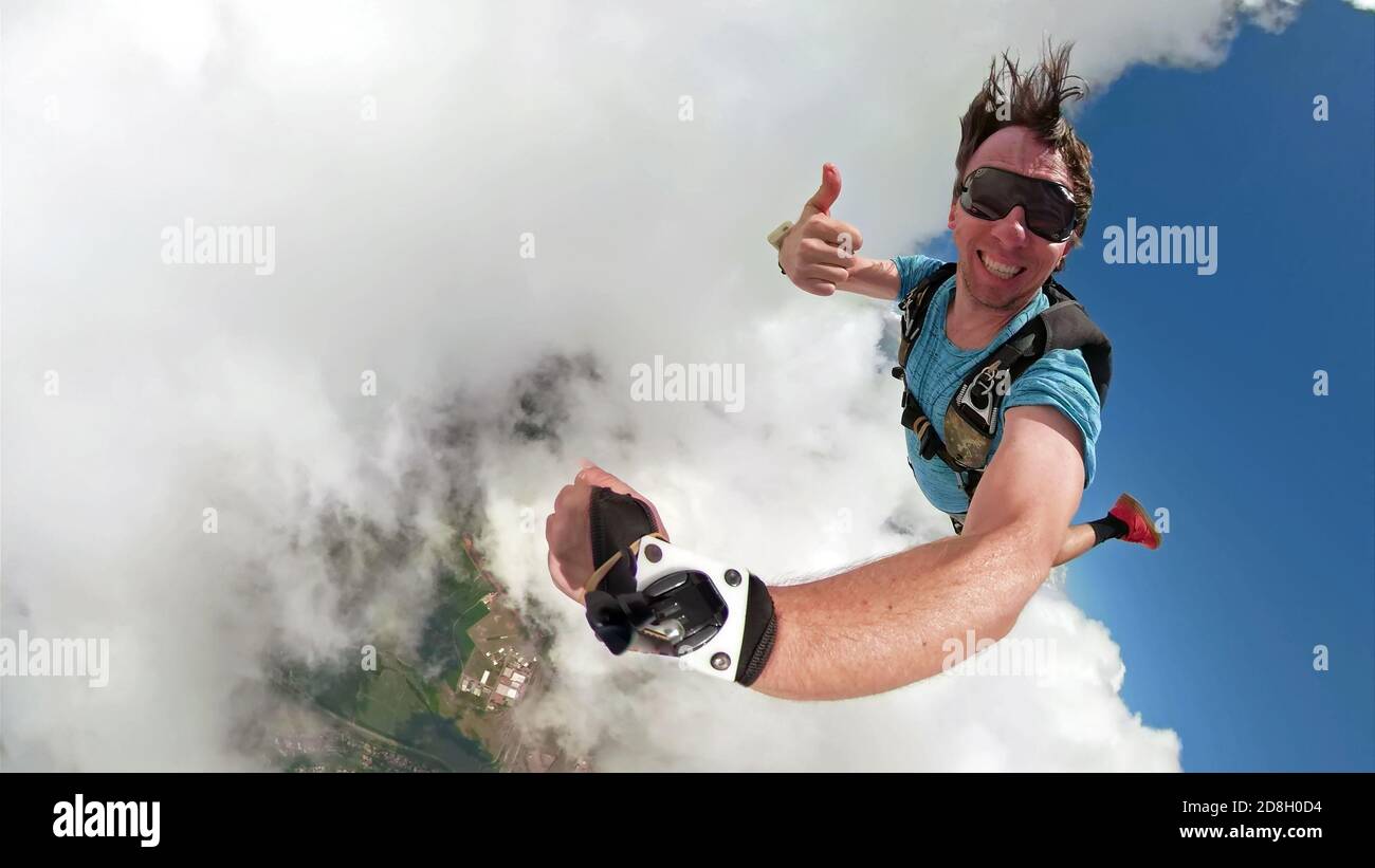 Skydiver selfie with a fish eye lens Stock Photo