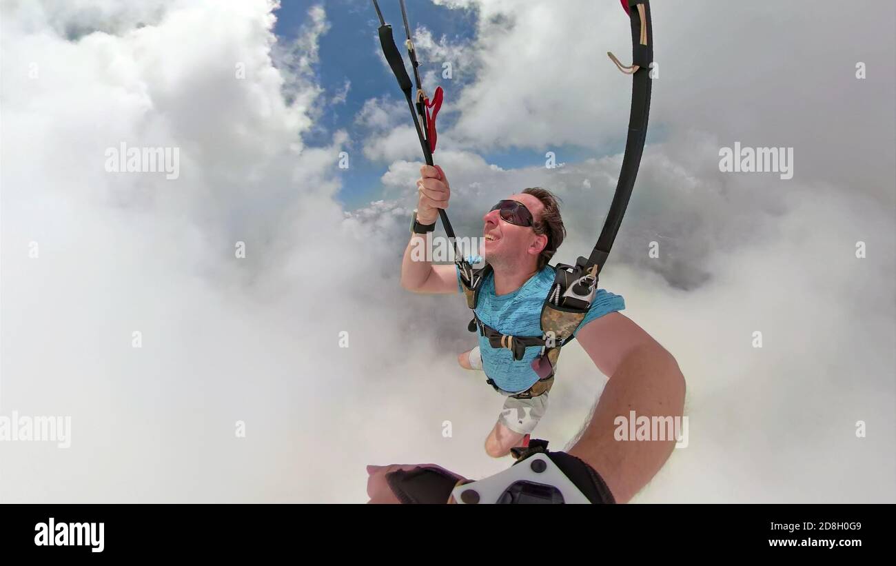 Skydiver selfie with a fish eye lens Stock Photo