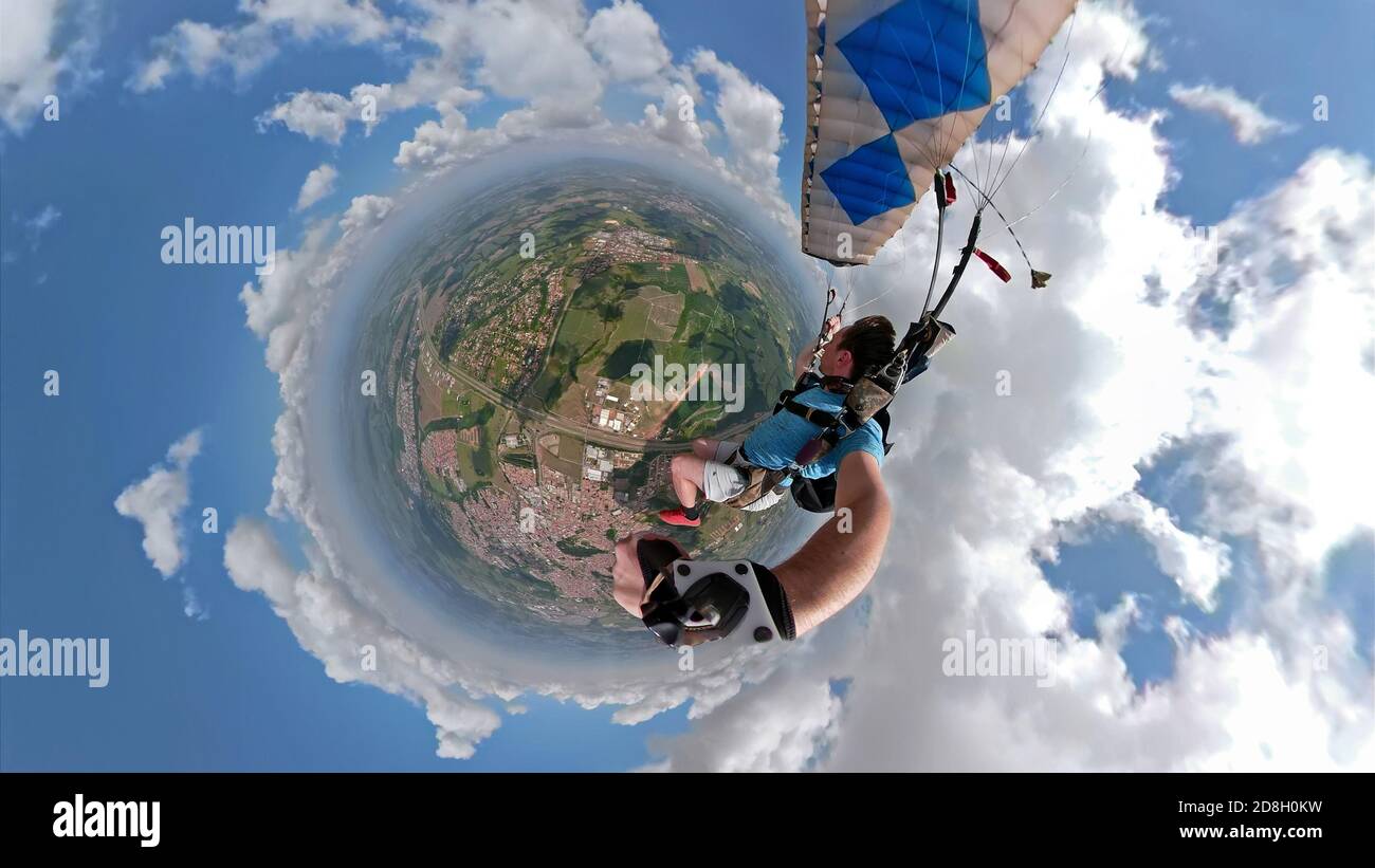 Skydiver selfie with a fish eye lens Stock Photo