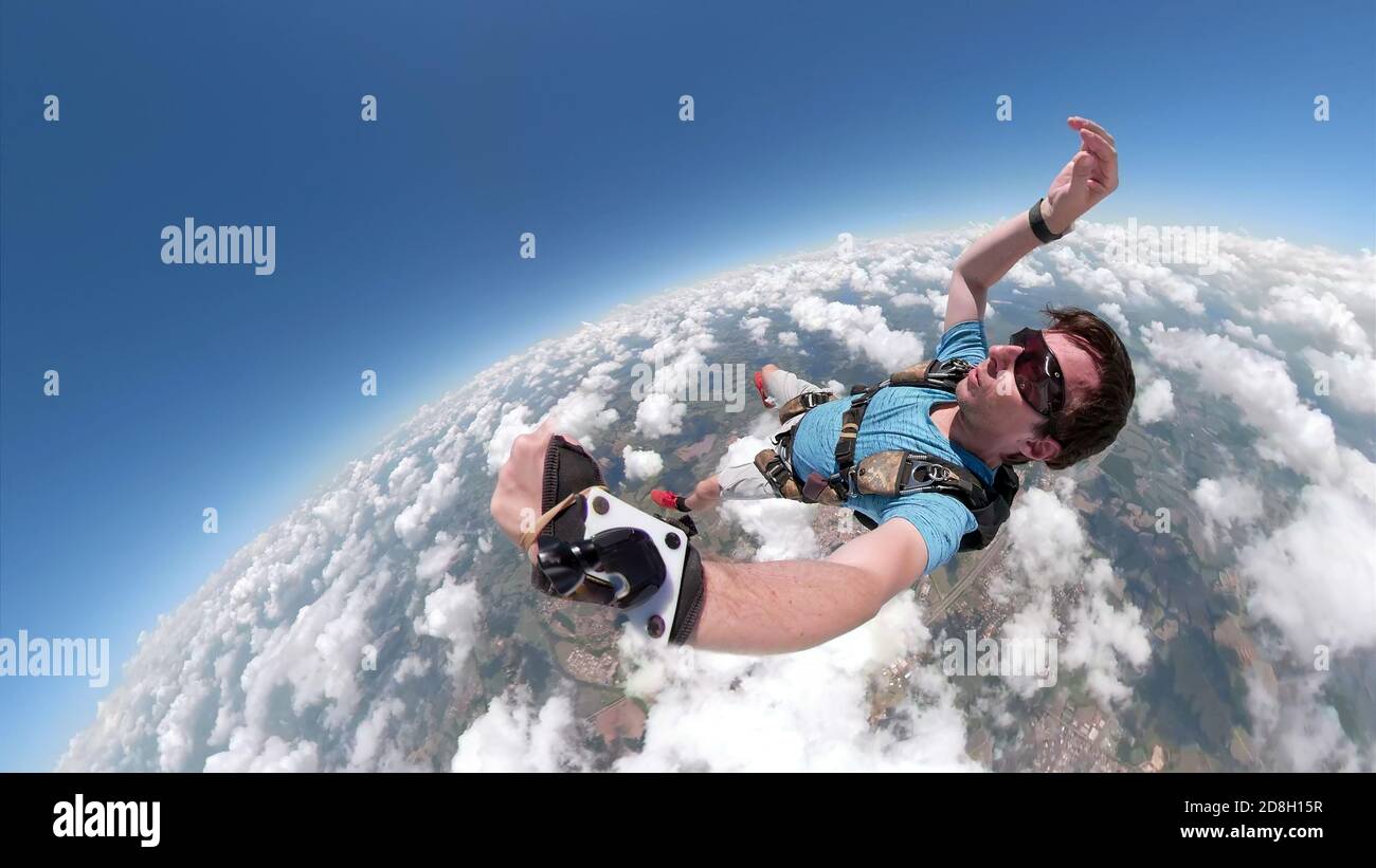 Skydiver selfie with a fish eye lens Stock Photo