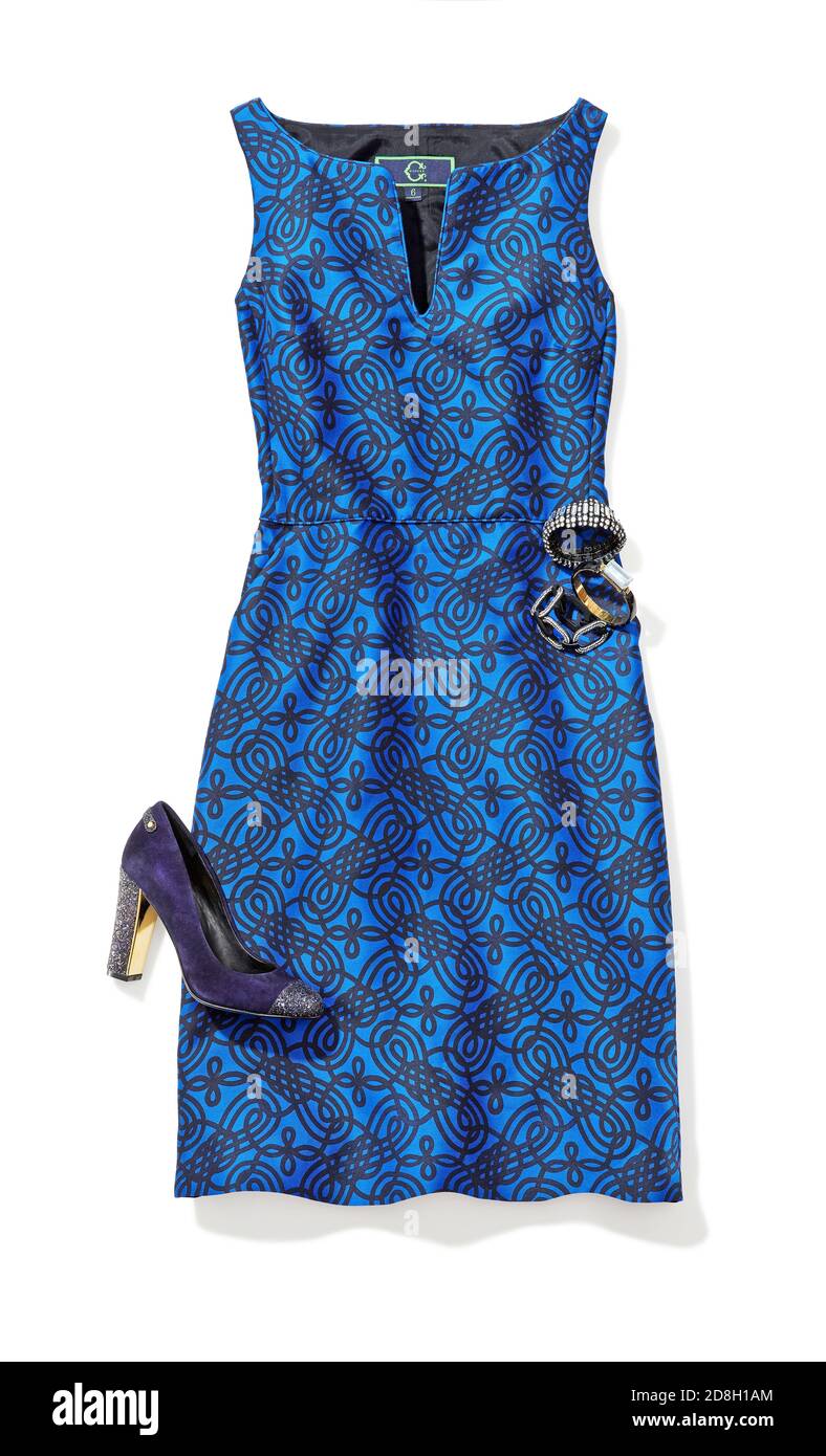 Electric blue dress and accessories from C.Wonder's Holiday 2013 Look Book  photographed on a white background Stock Photo - Alamy