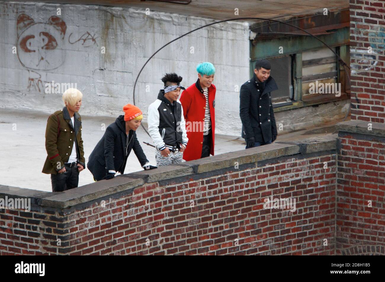 KPOP band BIGBANG shoots a video for their song 'Blue M/V' in Brooklyn, NY March 2012. Stock Photo