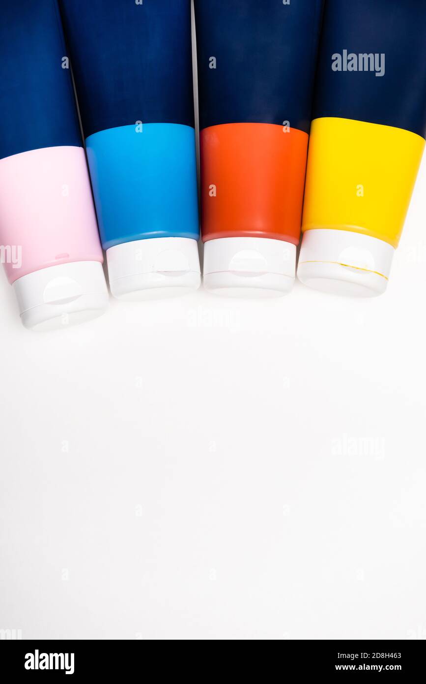 top view of acrylic paint tubes on white background Stock Photo
