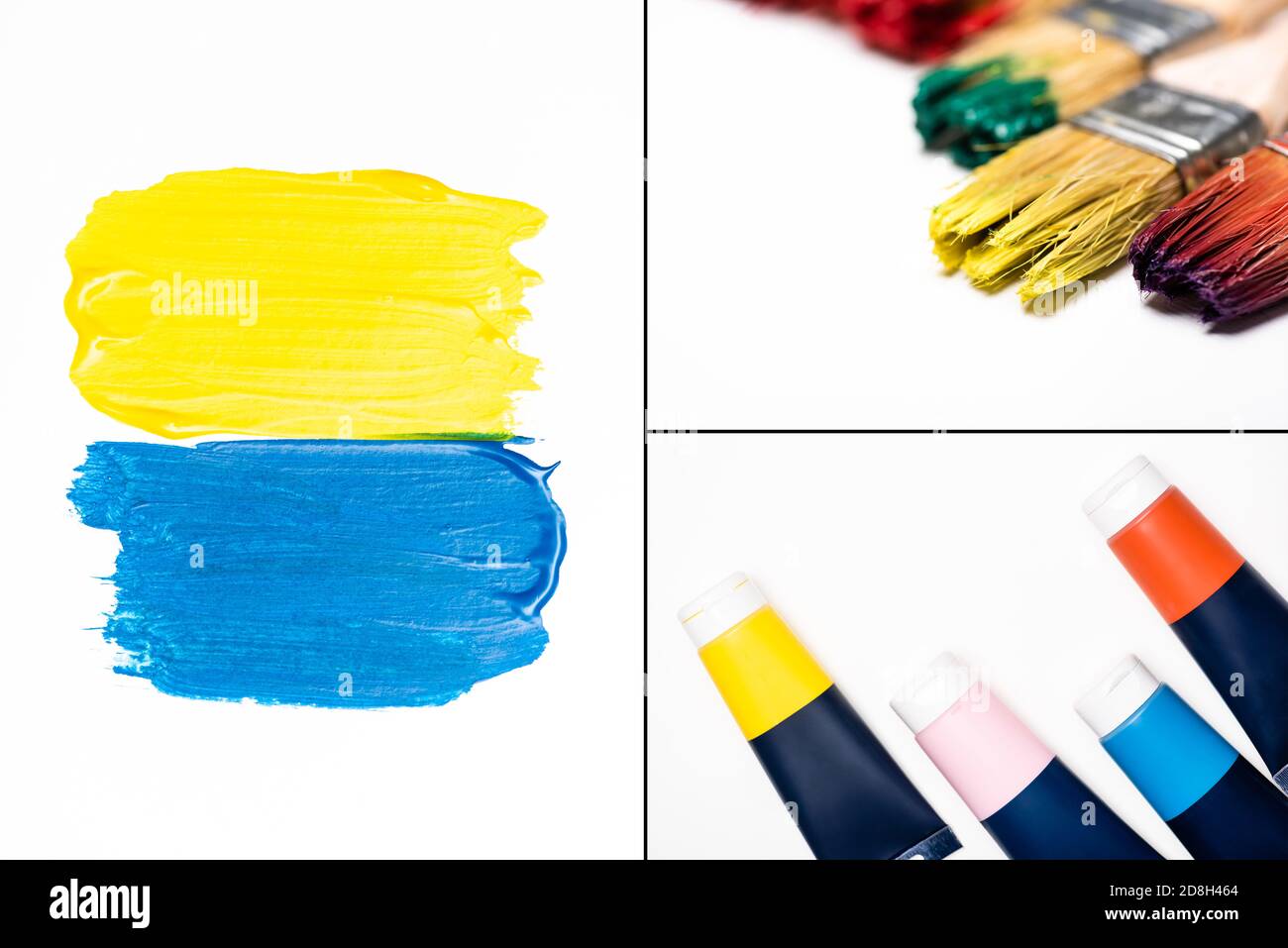collage of acrylic paints, brushstrokes and dirty paintbrushes on white background Stock Photo