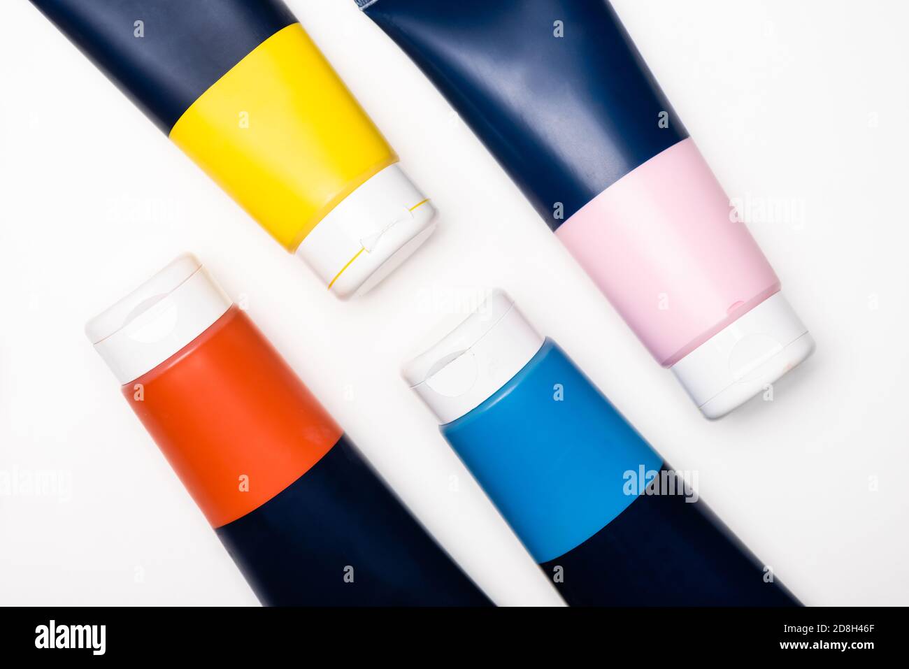top view of acrylic paint tubes on white background Stock Photo