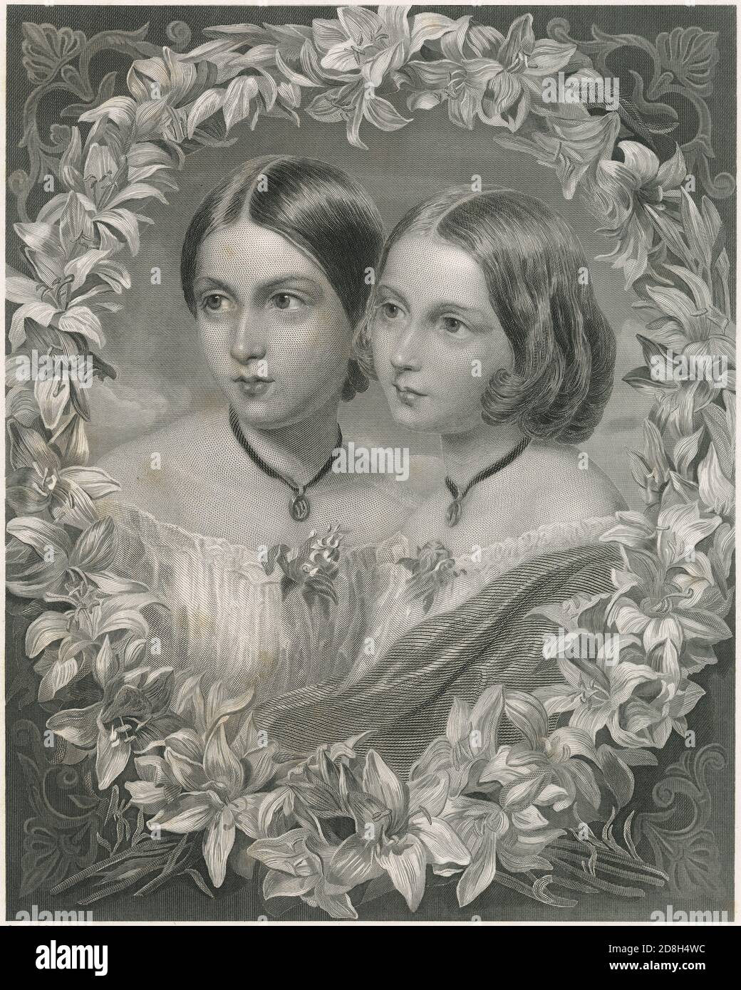 Antique c1870 engraving, The Royal Sisters after painting by James Sant. Depicts Queen Victoria's daughters, Helena Augusta Victoria and Louisa Caroline Alberta. SOURCE: ORIGINAL ENGRAVING Stock Photo