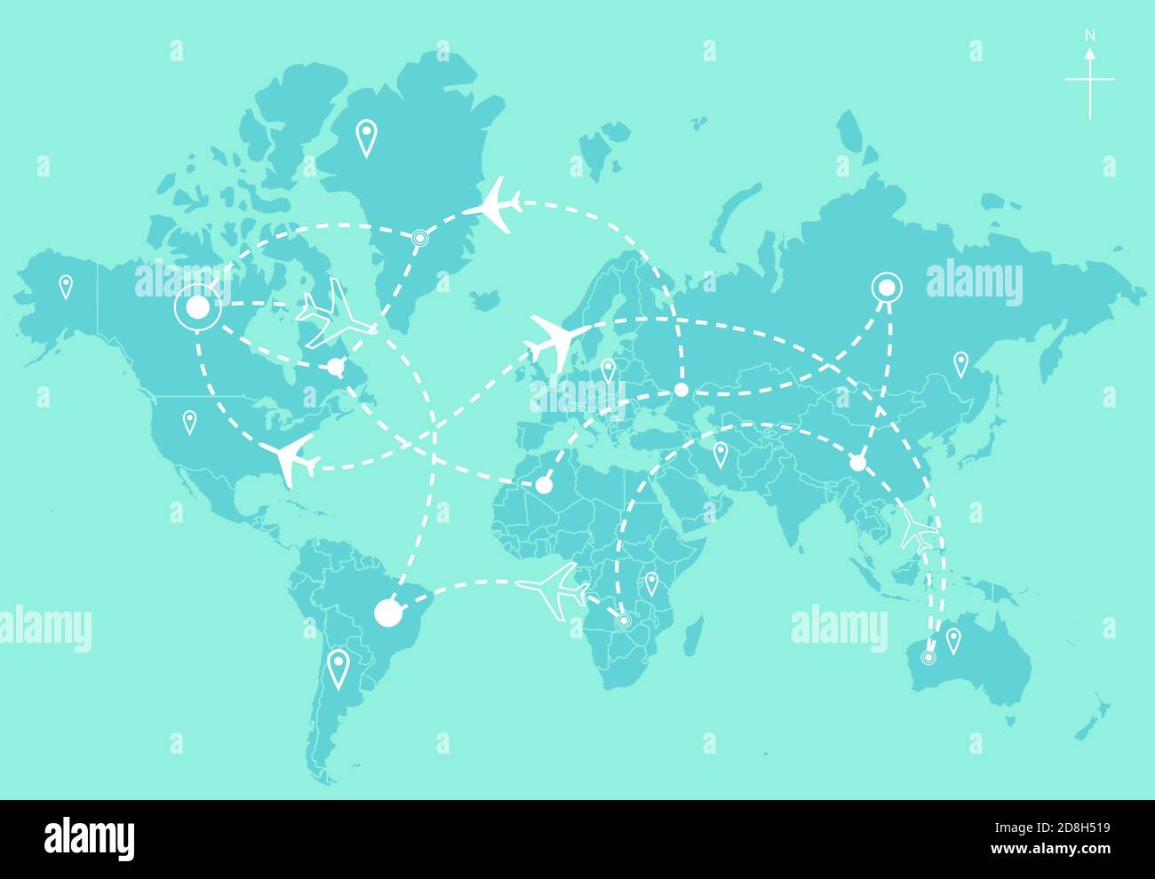 Airline Plane Flight Paths Travel Plans Map and world map Stock Photo