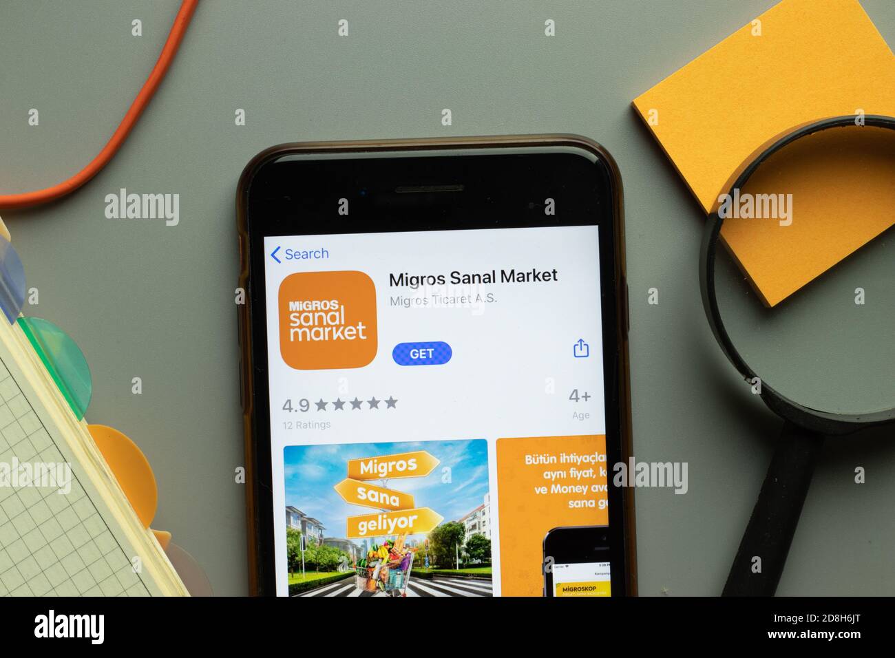 New York, USA - 26 October 2020: Migros Sanal Market mobile app logo on phone screen close up, Illustrative Editorial Stock Photo