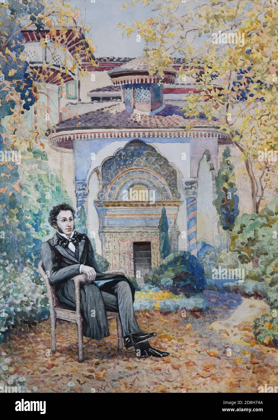 Alexander Pushkin in Bakhchisarai (Crimea). Painting of the 20th century. Stock Photo