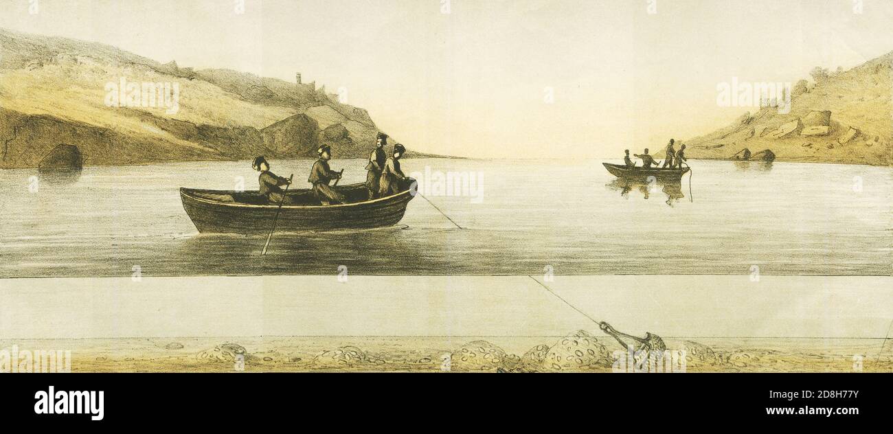 Fishing for oysters with traps near the southern coast of Crimea. Lithograph, 1871. Stock Photo