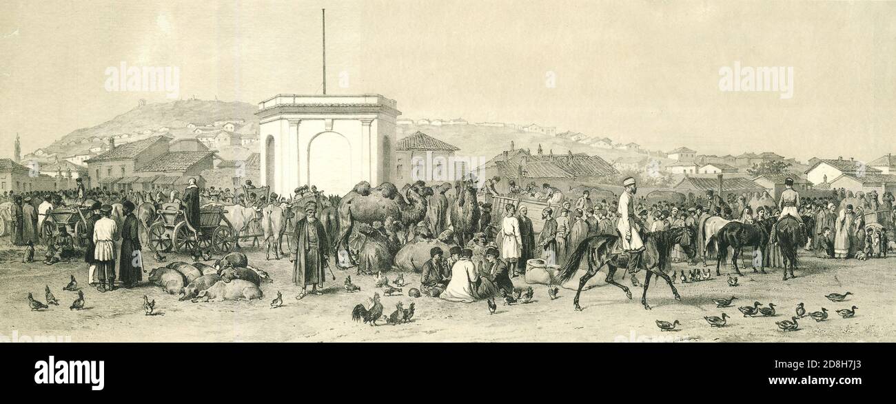 View of the old bazaar in Kerch during the Crimean War. Lithograph by Vasily Timm, 1855. Stock Photo