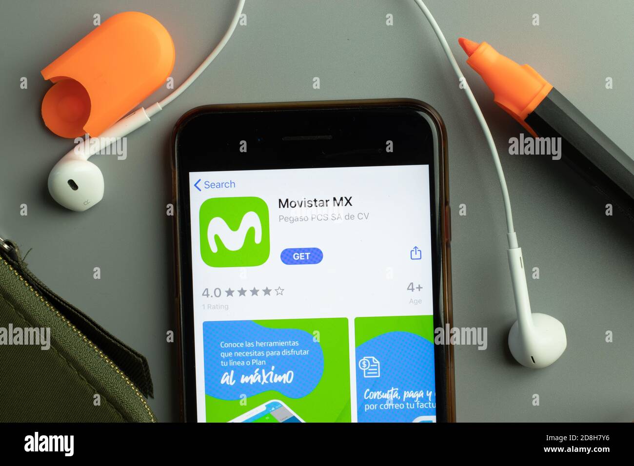 New York, USA - 26 October 2020: Movistar mobile app icon logo on phone screen close-up, Illustrative Editorial Stock Photo