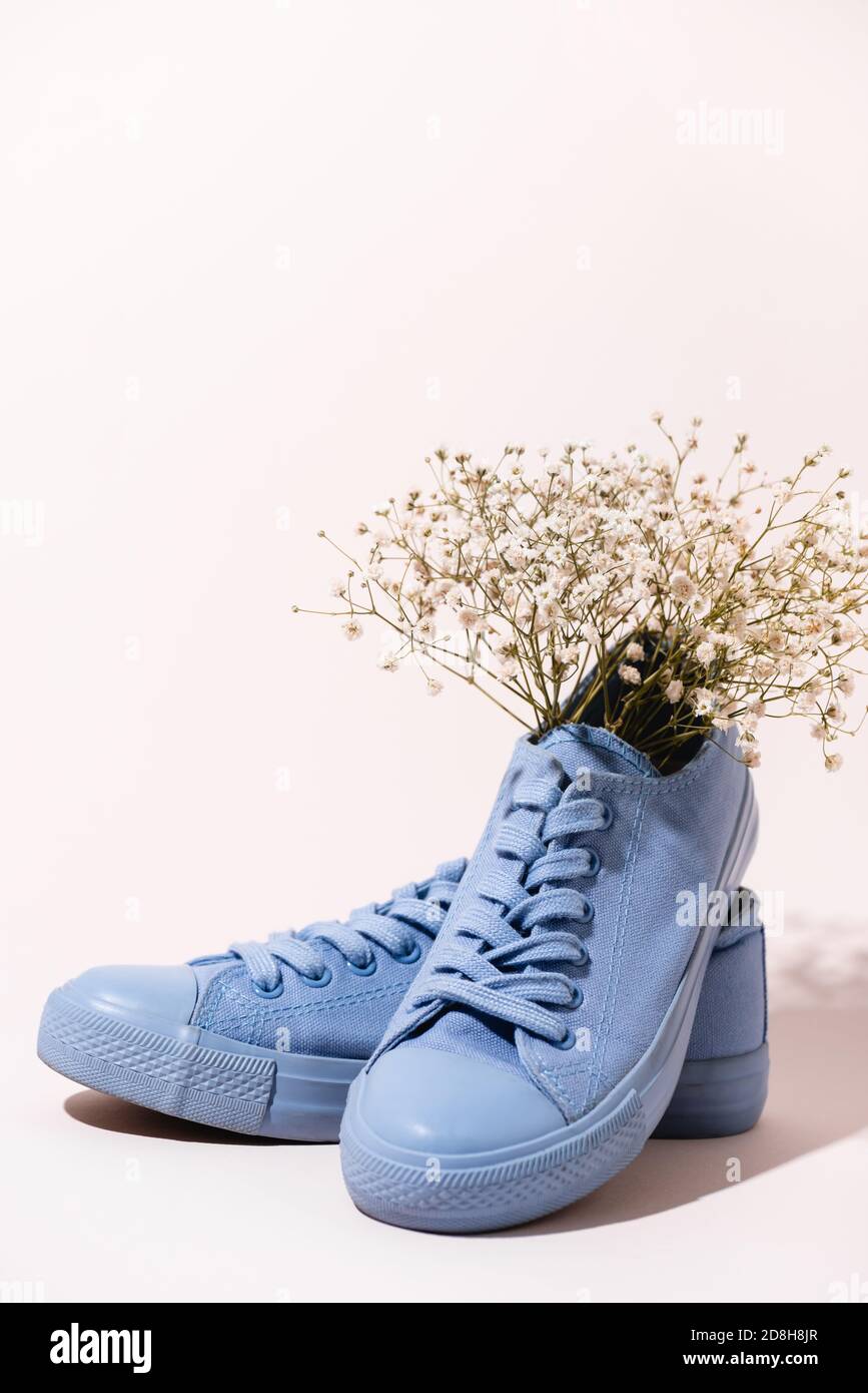 casual blue sneakers with wildflower on white background Stock Photo